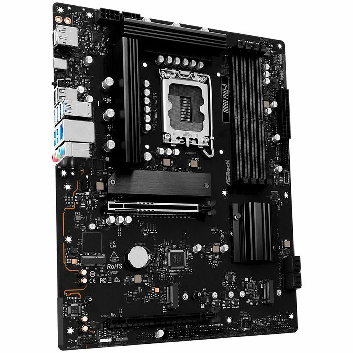 ASROCK MB Desktop B860 PRO-A, S.1851, 4x DDR5, 1x PCIe 5.0 x16, 1x PCIe 4.0 x4, 1x Blazing M.2, 2x Hyper M.2, 4x SATA3, 2x USB-C, 8x USB 3.2, 6x USB 2.0, 1x HDMI, 1x DP, 1x RJ-45 2.5 GB Lan, ATX, 90-M
