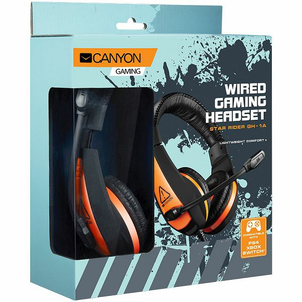 CANYON Gaming headset 3.5mm jack with adjustable microphone and volume control, with 2in1 3.5mm adapter, cable 2M, Black, 0.23kg