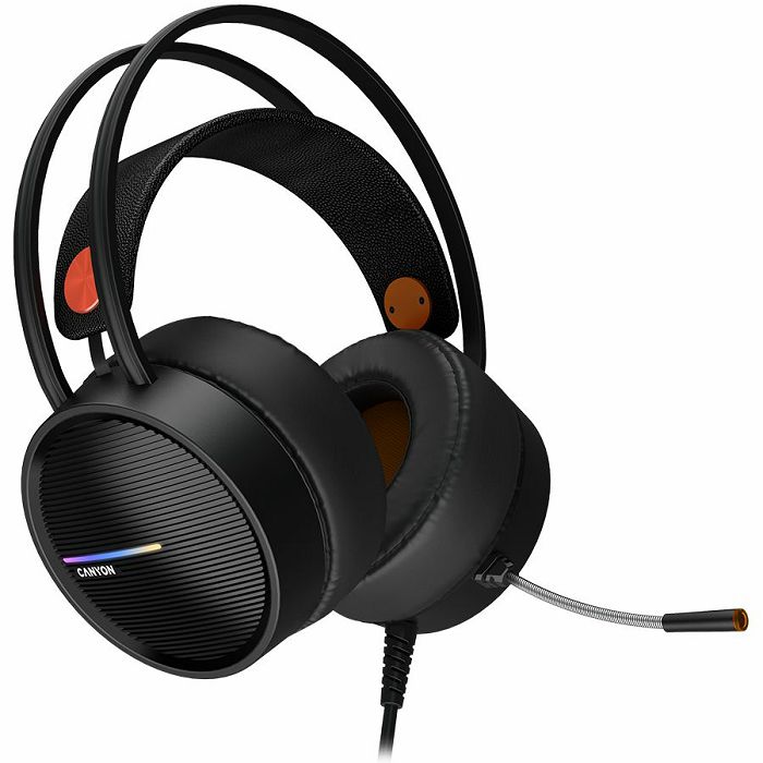 CANYON INTERCEPTOR GH-8A, Gaming headset 3.5mm jack plus USB connector for LED backlight, adjustable microphone and volume control, with 2in1 3.5mm adapter, cable 2M, Black and Orange, 0.36kg