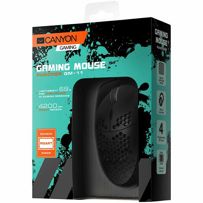 CANYON,Gaming Mouse with 7 programmable buttons, Pixart 3519 optical sensor, 4 levels of DPI and up to 4200, 5 million times key life, 1.65m Ultraweave cable, UPE feet and colorful RGB lights, Black,