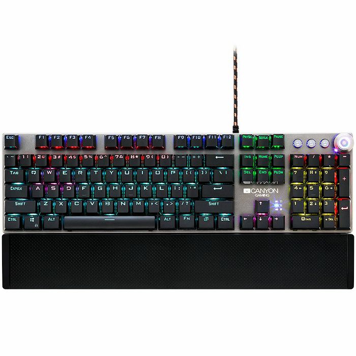 Wired Gaming Keyboard,Black 104 mechanical switches,60 million times key life, 22 types of lights,Removable magnetic wrist rest,4 Multifunctional control knob,Trigger actuation 1.5mm,1.6m Braided cabl