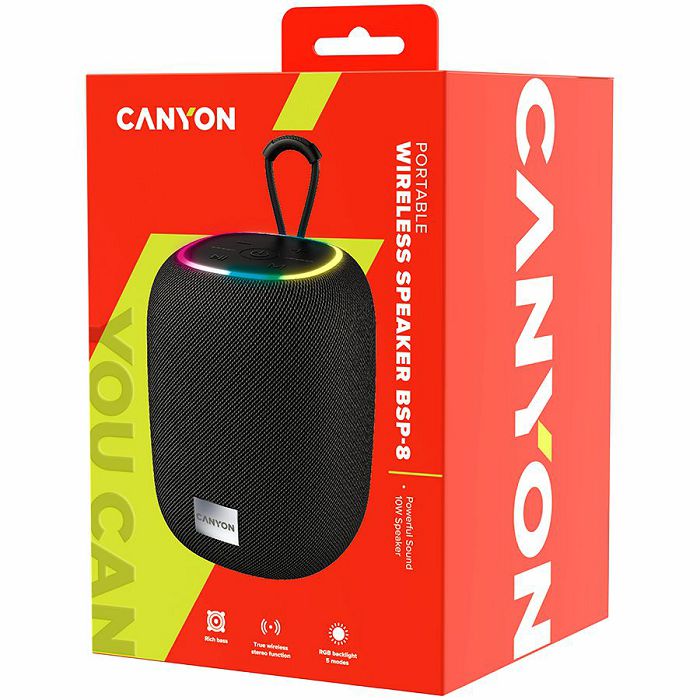 CANYON BSP-8, Bluetooth Speaker, BT V5.2, BLUETRUM AB5362B, TF card support, Type-C USB port, 1800mAh polymer battery, Max Power 10W, Black, cable length 0.50m, 110*110*135mm, 0.57kg