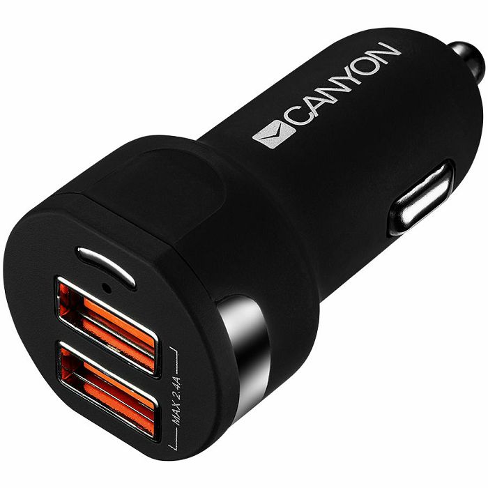 CANYON C-04 Universal 2xUSB car adapter, Input 12V-24V, Output 5V-2.4A, with Smart IC, black rubber coating with silver electroplated ring, 59.5*28.7*28.7mm, 0.019kg