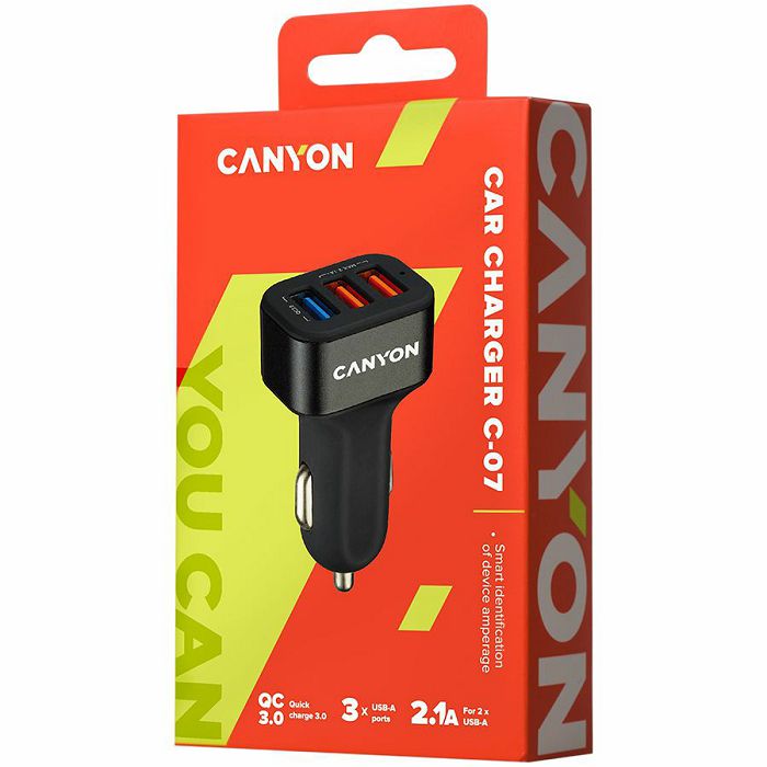 CANYON Universal 3xUSB car adapter(1 USB with Quick Charger QC3.0), Input 12-24V, Output USB/5V-2.1A+QC3.0/5V-2.4A&9V-2A&12V-1.5A, with Smart IC, black rubber coating+black metal ring+QC3.0 port with 