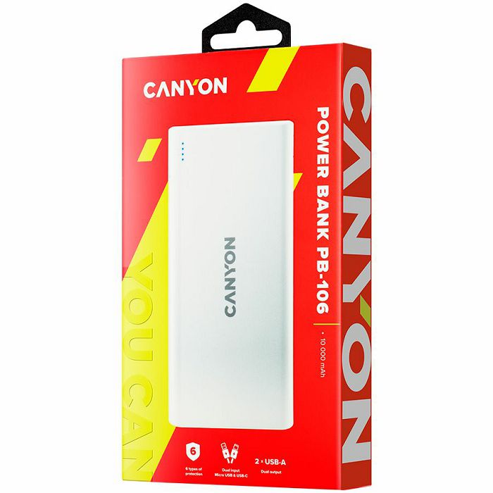 CANYON PB-106 Power bank 10000mAh Li-poly battery, Input 5V/2A, Output 5V/2.1A(Max), USB cable length 0.3m, 140*68*16mm, 0.24Kg, White