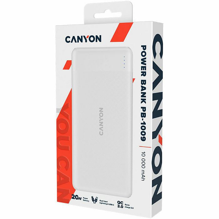 CANYON PB-109 Power bank 10000mAh Li-poly battery, Input Lightning &Type C  : 5V/2A, 9V/2A PD 18W(Max), Output Type C 5V/3A,9V/2.2A,12V/1.5A 20W,  Output USB A:5V3A,9V2A,12V1.5A,18W quick charging cab