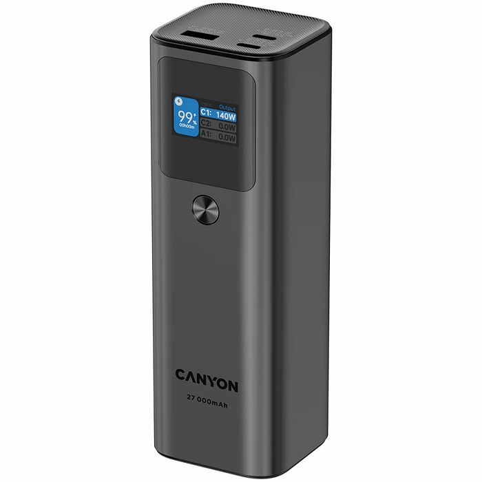 CANYON PB-2010, allowed for air travel power bank 27000mAh/97.2Wh Li-poly battery, in/out:2xUSB-C PD3.1 140W, out:USB-A QC 3.0 22.5W,TFT display,Dark Grey