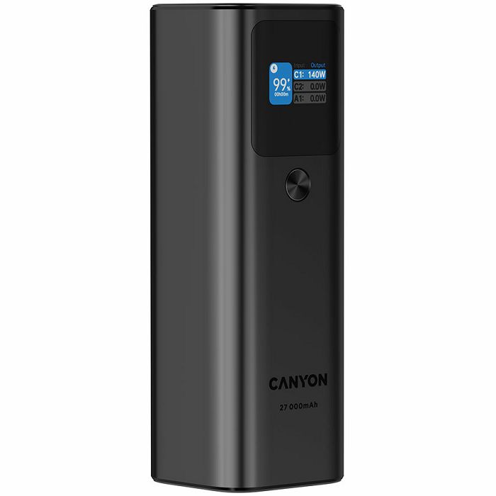 CANYON PB-2010, allowed for air travel power bank 27000mAh/97.2Wh Li-poly battery, in/out:2xUSB-C PD3.1 140W, out:USB-A QC 3.0 22.5W,TFT display,Dark Grey