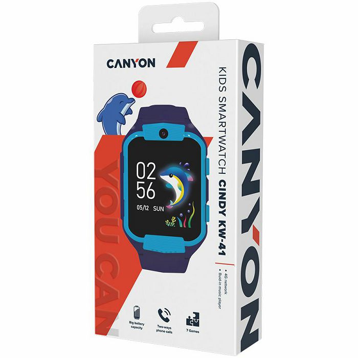 Kids smartwatch Canyon Cindy KW-41, 1.69"IPS colorful screen 240*280, ASR3603C, Nano SIM card, 192+128MB, GSM(B3/B8), LTE(B1.2.3.5.7.8.20) 680mAh battery, built in TF card: 512MB, Blue, host: 53.3*42.