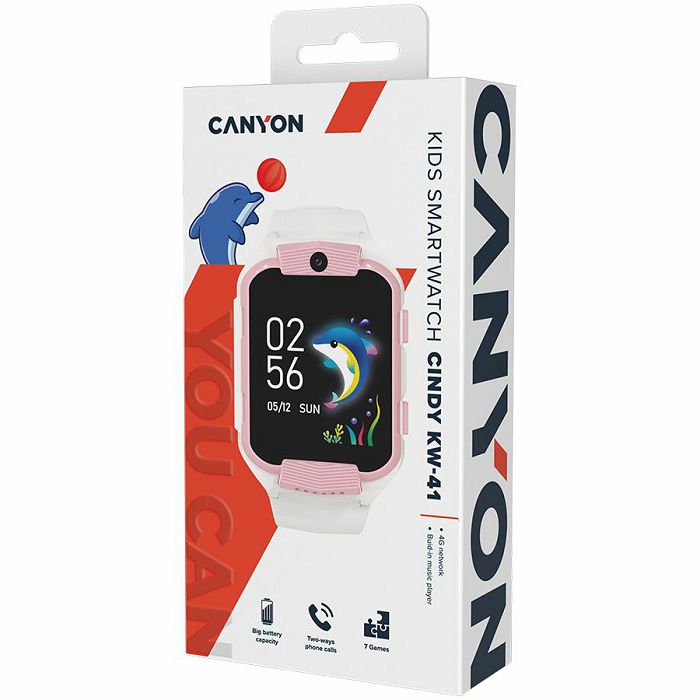 Kids smartwatch Canyon Cindy KW-41, 1.69"IPS colorful screen 240*280, ASR3603C, Nano SIM card, 192+128MB, GSM(B3/B8), LTE(B1.2.3.5.7.8.20) 680mAh battery, built in TF card: 512MB, White Pink, host: 53