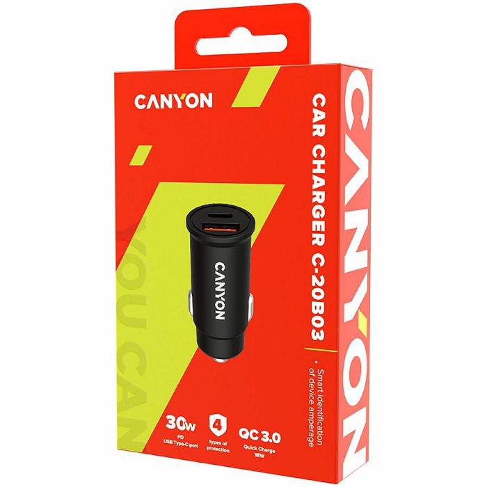 CANYON С-20B03, PD 30W/QC3.0 18W Pocket size car charger with 1-USB A+ 1-USB-C Input: DC12V-24V, Output: USBC: PD30W( 5V3A/9V3A/12V2.5A/15V2A/20V1.5A),USB-A:QC3.0 18W (5V3A