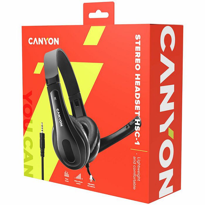 CANYON entry price PC headset with microphone, combined 3.5mm plug, leather pads, Flat cable length 2.0m, 160*60*160mm, 0.13kg, Black