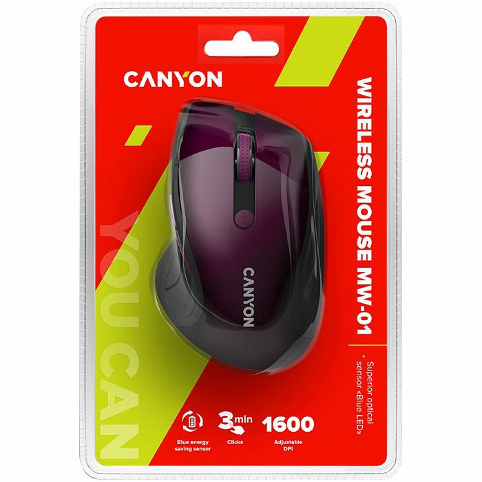 CANYON 2.4Ghz wireless mouse, optical tracking - blue LED, 6 buttons, DPI 1000/1200/1600, Purple pearl glossy