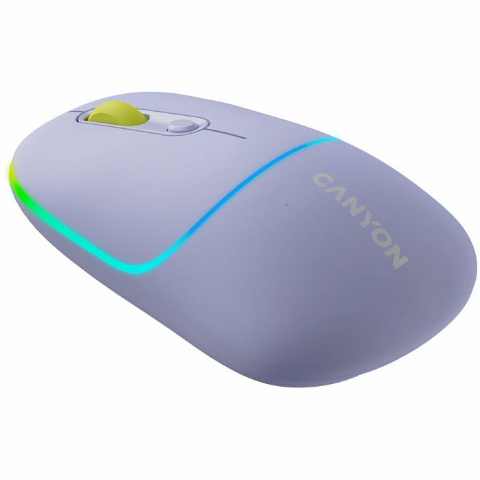 CANYON MW-22, 2 in 1 Wireless optical mouse with 6 buttons, DPI 800/1200/1600, 2 mode(BT/ 2.4GHz),  650mAh Li-poly battery,RGB backlight ,Mountain lavender, cable length 0.8m, 110*62*34.2mm, 0.085kg