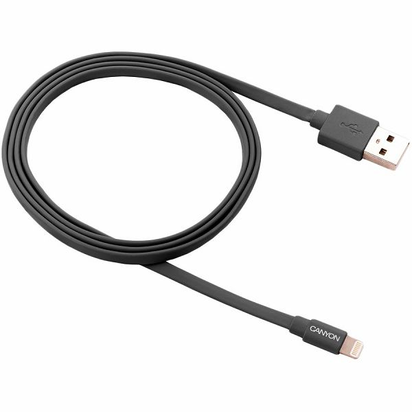 CANYON Charge & Sync MFI flat cable, USB to lightning, certified by Apple, 1m, 0.28mm, Dark gray