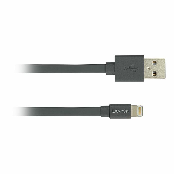 CANYON Charge & Sync MFI flat cable, USB to lightning, certified by Apple, 1m, 0.28mm, Dark gray