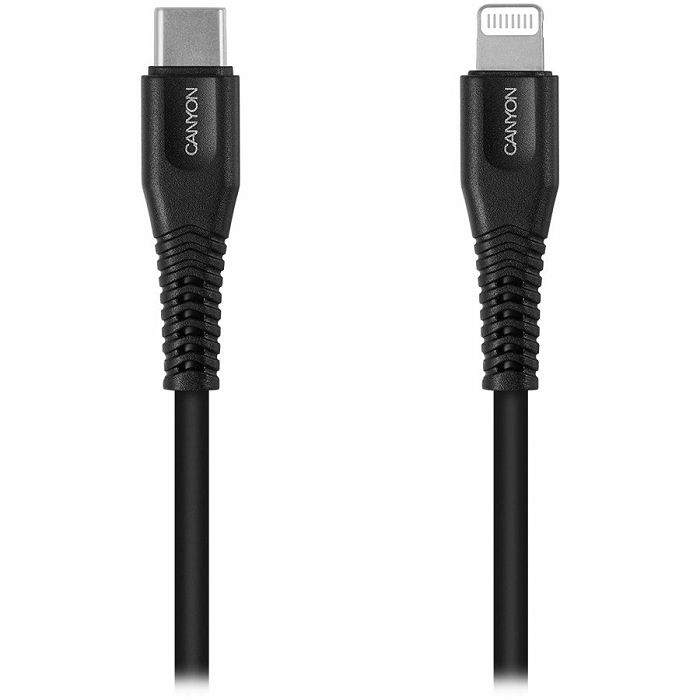 CANYON Type C Cable To MFI Lightning for Apple,  PVC Mouling,Function：with full feature( data transmission and PD charging)    Output:5V/2.4A , OD:3.5mm, cable length 1.2m,   0.026kg,Color:Black