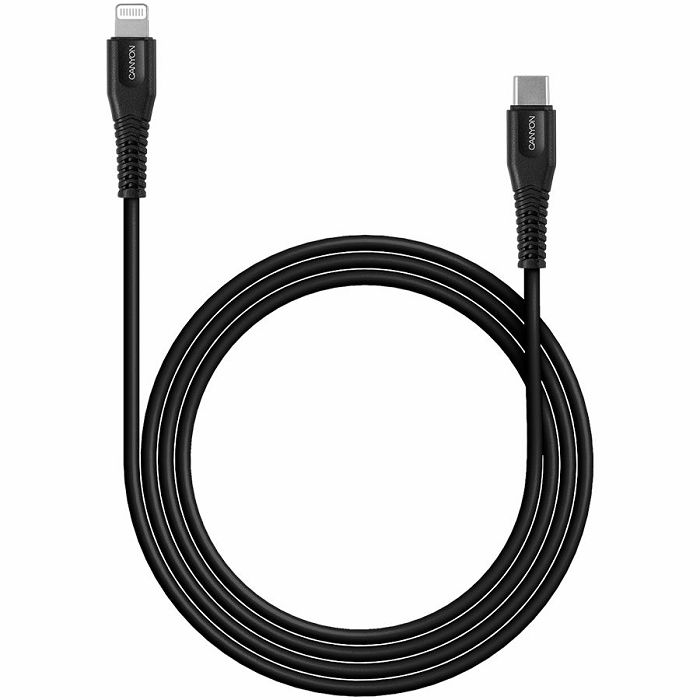 CANYON Type C Cable To MFI Lightning for Apple,  PVC Mouling,Function：with full feature( data transmission and PD charging)    Output:5V/2.4A , OD:3.5mm, cable length 1.2m,   0.026kg,Color:Black