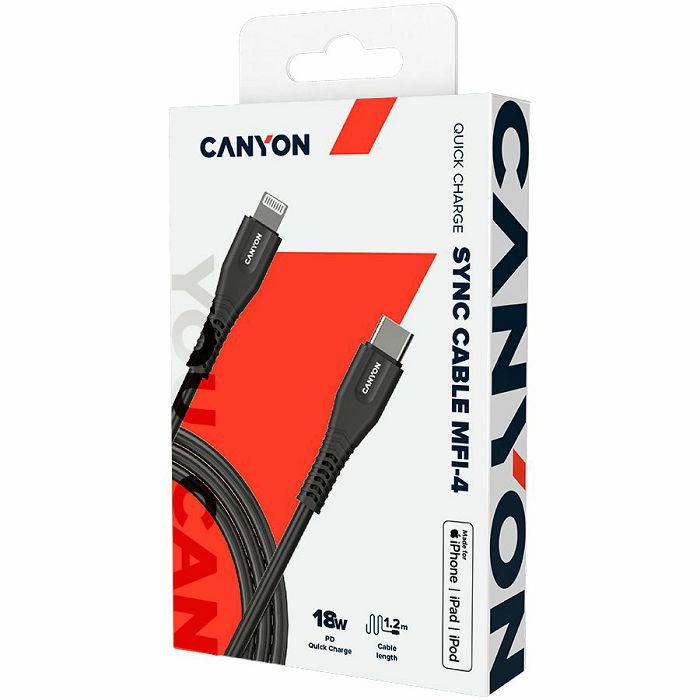 CANYON Type C Cable To MFI Lightning for Apple,  PVC Mouling,Function：with full feature( data transmission and PD charging)    Output:5V/2.4A , OD:3.5mm, cable length 1.2m,   0.026kg,Color:Black