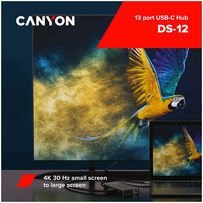CANYON 13 in 1 USB C hub, with 2*HDMI, 3*USB3.0: support max. 5Gbps, 1*USB2.0: support max. 480Mbps, 1*PD: support max 100W PD, 1*VGA,1* Type C data, 1*Glgabit Ethernet, 1*3.5mm audio jack, cable 15cm