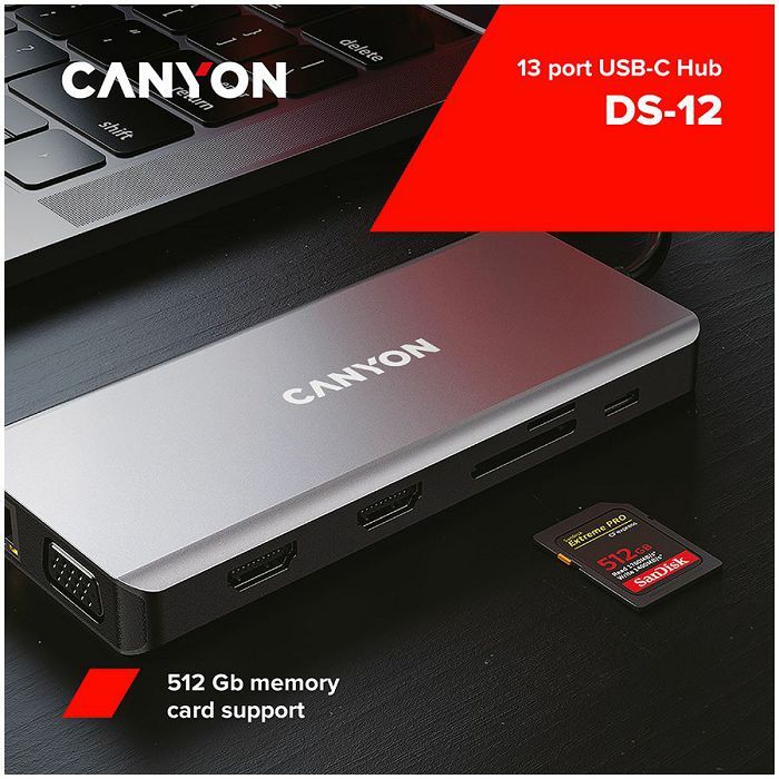 CANYON 13 in 1 USB C hub, with 2*HDMI, 3*USB3.0: support max. 5Gbps, 1*USB2.0: support max. 480Mbps, 1*PD: support max 100W PD, 1*VGA,1* Type C data, 1*Glgabit Ethernet, 1*3.5mm audio jack, cable 15cm