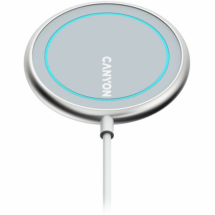 CANYON WS-100 Wireless charger, Input 9V/2A, 9V/2.7A, 12V/2A, Output 15W/10W/7.5W/5W, Type c cable length 1.5m, Acrylic surface+Aluminium alloy edge, 59*59*7mm, 0.06Kg, Silver