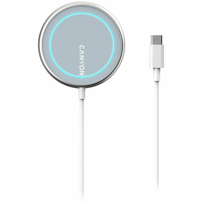 CANYON WS-100 Wireless charger, Input 9V/2A, 9V/2.7A, 12V/2A, Output 15W/10W/7.5W/5W, Type c cable length 1.5m, Acrylic surface+Aluminium alloy edge, 59*59*7mm, 0.06Kg, Silver