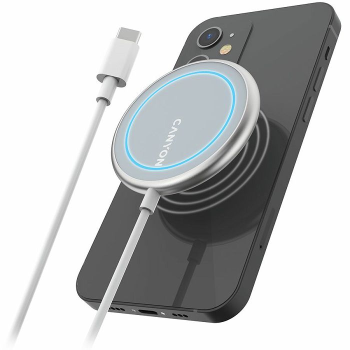 CANYON WS-100 Wireless charger, Input 9V/2A, 9V/2.7A, 12V/2A, Output 15W/10W/7.5W/5W, Type c cable length 1.5m, Acrylic surface+Aluminium alloy edge, 59*59*7mm, 0.06Kg, Silver