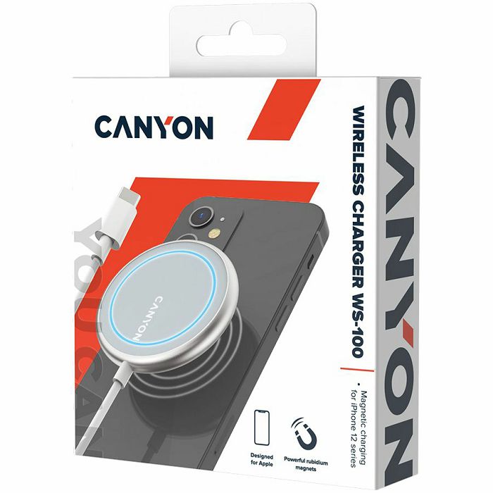 CANYON WS-100 Wireless charger, Input 9V/2A, 9V/2.7A, 12V/2A, Output 15W/10W/7.5W/5W, Type c cable length 1.5m, Acrylic surface+Aluminium alloy edge, 59*59*7mm, 0.06Kg, Silver