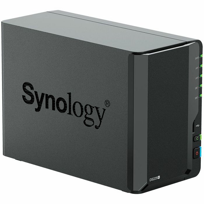 Synology DS225+, Tower, 2-bays 3.5 SATA HDD/SSD, CPU Inte Celeron J4125 4-core (4-thread) 2.0 GHz, burst up to 2.7 GHz, 2 GB DDR4 non-ECC (expandable up to 6 GB), 1xRJ-45 1GbE LAN, 1xRJ-45 2.5 GbE L