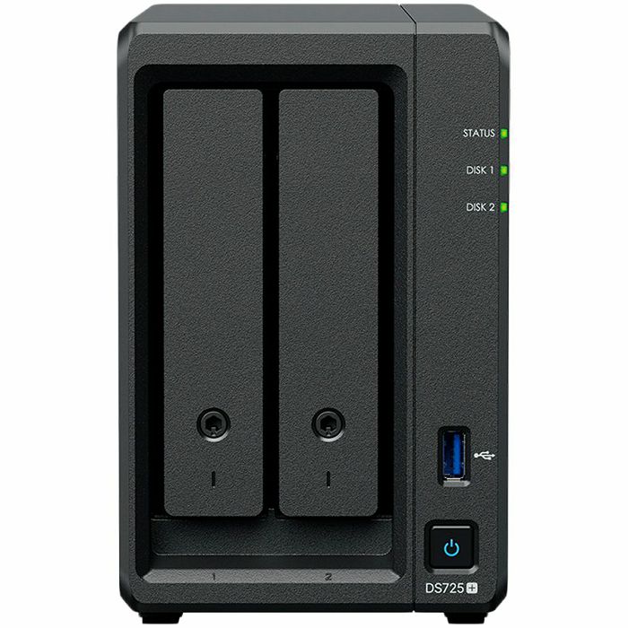 Synology DS725+, Tower, 2-Bays 3.5 SATA HDD/SSD, 2 x M.2 2280 NVMe SSD, CPU AMD Ryzen R1600 dual-core (4-thread), max. boost up to 3.1 GHz, 4 GB DDR4 ECC SODIMM, 1 x 2.5 GbE, 1 x 1GbE, 1 x USB 3.2, 