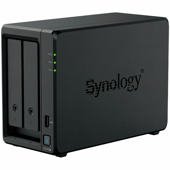Synology DS725+, Tower, 2-Bays 3.5 SATA HDD/SSD, 2 x M.2 2280 NVMe SSD, CPU AMD Ryzen R1600 dual-core (4-thread), max. boost up to 3.1 GHz, 4 GB DDR4 ECC SODIMM, 1 x 2.5 GbE, 1 x 1GbE, 1 x USB 3.2, 