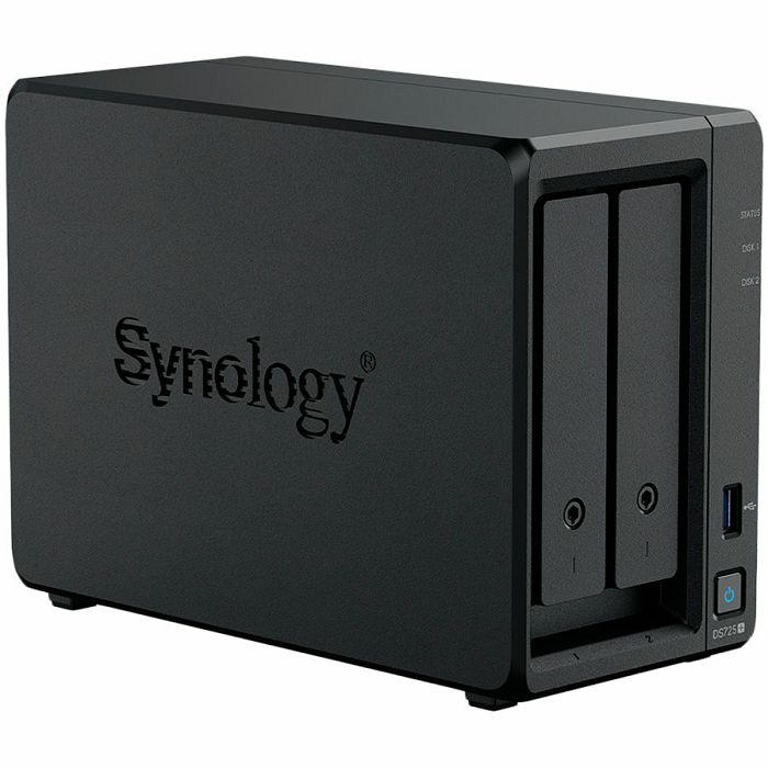 Synology DS725+, Tower, 2-Bays 3.5 SATA HDD/SSD, 2 x M.2 2280 NVMe SSD, CPU AMD Ryzen R1600 dual-core (4-thread), max. boost up to 3.1 GHz, 4 GB DDR4 ECC SODIMM, 1 x 2.5 GbE, 1 x 1GbE, 1 x USB 3.2, 