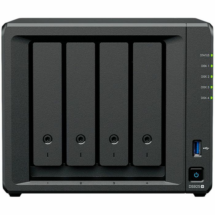 Synology DiskStation DS925+ Tower, 4-Bays 3.5 SATA HDD/SSD, 2 x M.2 2280 NVMe SSD slot, CPU AMD Ryzen V1500B 4-core 2.2 GHz, 4 GB DDR4 ECC SODIMM, 2x RJ-45 2.5 GbE LAN Port; 2x USB 3.2; 1 xUSB Type-