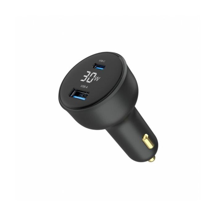 Gembird 2-port USB car fast charger, Type-C PD, LCD, 30 W, black