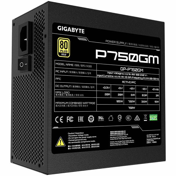 GIGABYTE P750GM Power Supply 750W, Modular, 80 PLUS Gold, Japanese capacitors, 120mm smart control fan, EU plug