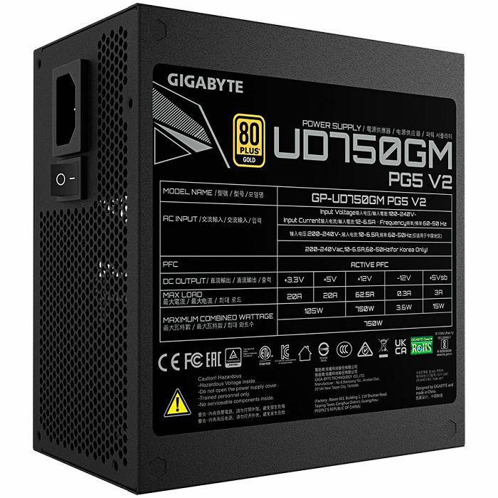 GIGABYTE UD750GM PG5 V2, 750W, ATX 3.1, 80+Gold, Modular