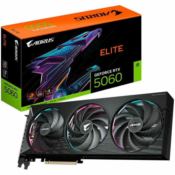 GIGABYTE Video Card NVIDIA AORUS GeForce RTX 5060 ELITE 8G (8GB GDDR7/128bit, PCI-E 5.0, 1x 8Pin Power connector, Recommended PSU 500W, 3xDP, 1x HDMI, Retail)