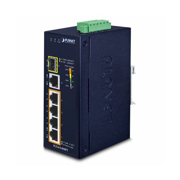 Planet Industrial 6-Port (4x 1G 802.3at PoE RJ45 1x GbE 1x 100 1000X SFP Gigabit Ethernet Switch