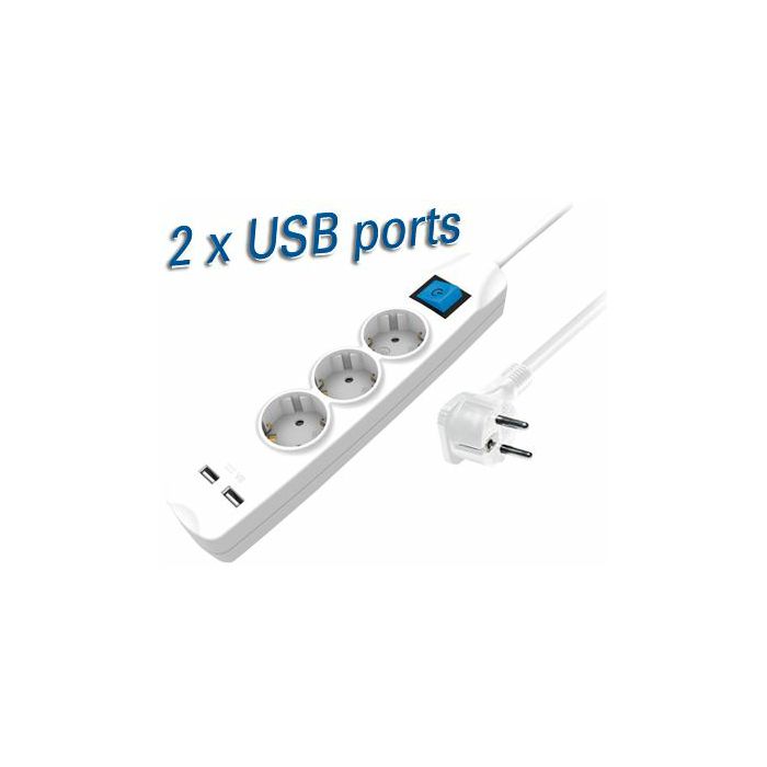 Transmedia 3-way power strip with two USB charging ports, 1,5m white