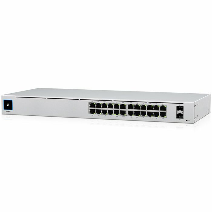 Ubiquiti USW-24-POE Gigabit Layer 2 switch with twenty-four Gigabit Ethernet ports including sixteen auto-sensing 802.3at PoE+ ports, and two SFP ports