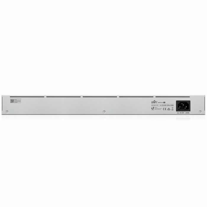 Ubiquiti USW-24-POE Gigabit Layer 2 switch with twenty-four Gigabit Ethernet ports including sixteen auto-sensing 802.3at PoE+ ports, and two SFP ports