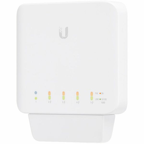 Ubiquiti network switch, 5 RJ45 Gigabit Ethernet ports, 1 PoE input and 4 PoE output links