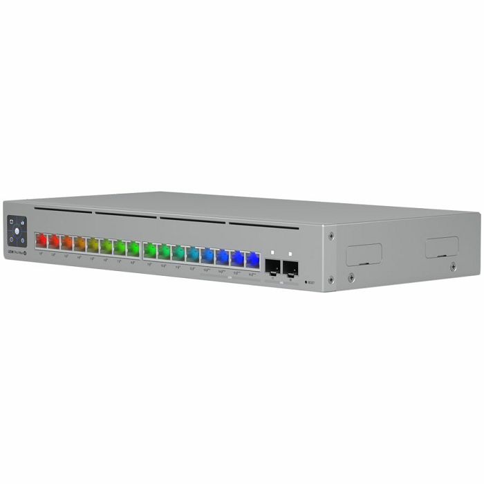 Ubiquiti 16-port, Layer 3 Etherlighting switch with 2.5 GbE, PoE++ output, and versatile mounting options, 4x 2.5 GbE PoE++ ports, 12x GbE PoE+ ports, 2x 10G SFP+ ports, 180W total PoE availability