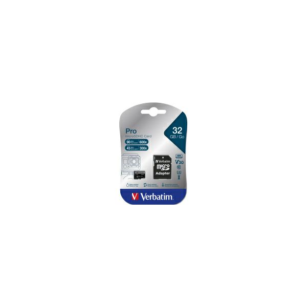 Verbatim memorijska kartica Micro SD Pro (HC/UHS1) 32GB Class 10 Card + adapter (Read up to 90MB/s)