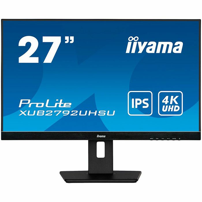 IIYAMA 27" ETE IPS-panel, 3840x2160 UHD, 4ms, 15cm height adj. stand, 300cd/m², DVI, HDMI, DisplayPort, Speakers, USB-HUB 2x 3.0